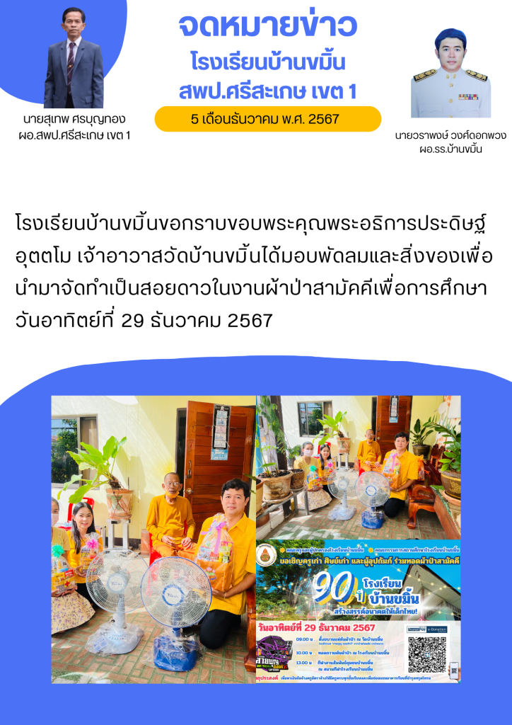 โรงเรียนบ้านขมิ้นขอกราบขอบพระคุณพระอธิการประดิษฐ์ อุตตโม เจ้าอาวาสวัดบ้านขมิ้นได้มอบพัดลมและสิ่งของเพื่อนำมาจัดทำเป็นสอยดาวในงานผ้าป่าสามัคคีเพื่อการศึกษา วันอาทิตย์ที่ 29 ธันวาคม 2567